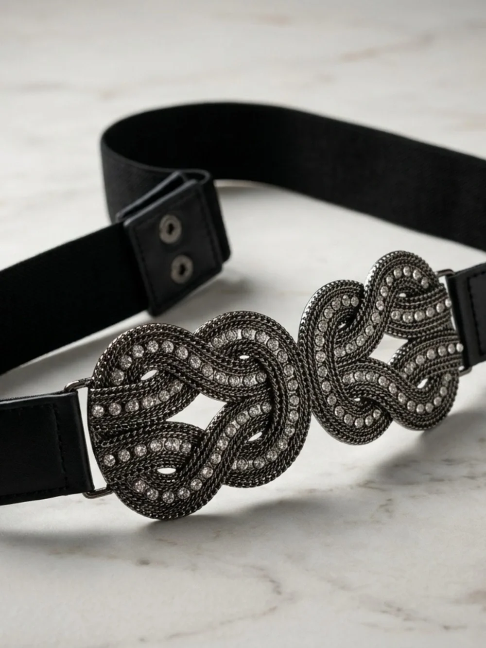 Black Elastic Stretch Belt Double Knot Rhinestones